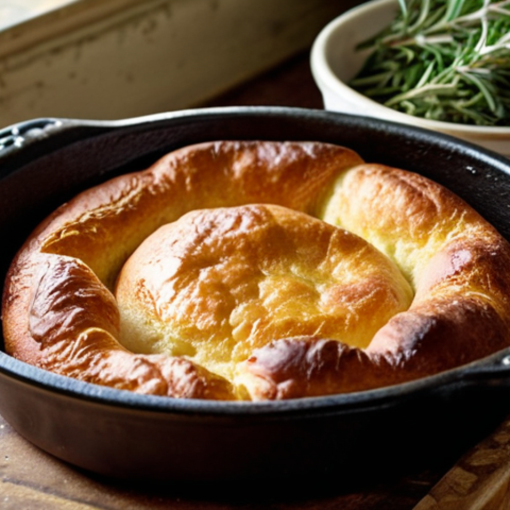 **

A golden-brown, puffed-up Yorkshire pudding fresh from the oven, showcasing its crispy exterior and slightly soft interior.  The pudding sits in a cast iron pan, surrounded by sprigs of thyme and rosemary.  Focus on the texture and color contrast.  A vintage-style kitchen setting in the background.

**