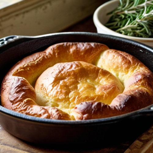 Home 11 **
A golden-brown, puffed-up Yorkshire pudding fresh from the oven, showcasing its crispy exterior and slightly soft interior. The pudding sits in a cast iron pan, surrounded by sprigs of thyme and rosemary. Focus on the texture and color contrast. A vintage-style kitchen setting in the background.
**