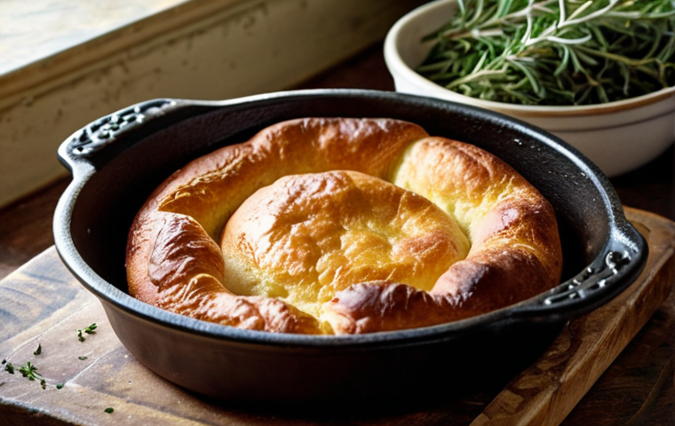 **
A golden-brown, puffed-up Yorkshire pudding fresh from the oven, showcasing its crispy exterior and slightly soft interior. The pudding sits in a cast iron pan, surrounded by sprigs of thyme and rosemary. Focus on the texture and color contrast. A vintage-style kitchen setting in the background.
**