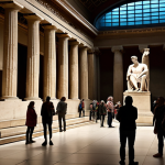 **Prompt:** A dimly lit hall in the British Museum, crowded with visitors gazing at the Parthenon sculptures. Focus on the faces of the viewers, some in awe, others contemplative, with a subtle overlay of the Greek flag projected onto the marble. The overall mood should evoke a sense of historical weight and ethical ambiguity.