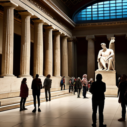 Home 6 **Prompt:** A dimly lit hall in the British Museum, crowded with visitors gazing at the Parthenon sculptures. Focus on the faces of the viewers, some in awe, others contemplative, with a subtle overlay of the Greek flag projected onto the marble. The overall mood should evoke a sense of historical weight and ethical ambiguity.
