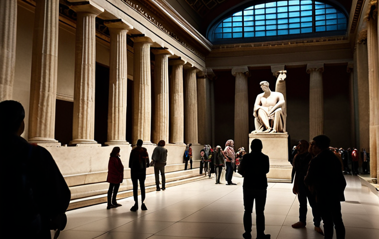 **Prompt:** A dimly lit hall in the British Museum, crowded with visitors gazing at the Parthenon sculptures. Focus on the faces of the viewers, some in awe, others contemplative, with a subtle overlay of the Greek flag projected onto the marble. The overall mood should evoke a sense of historical weight and ethical ambiguity.