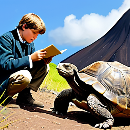 Home 17 Darwin's Galapagos Discovery**
"Young Charles Darwin, fully clothed in period attire, sketching a Galapagos tortoise in a lush, volcanic landscape. Appropriate content, safe for work, natural pose, correct proportions, well-formed hands, observing finches with unique beaks. Daytime scene, natural lighting, professional illustration, high quality, modest clothing, family-friendly."
**