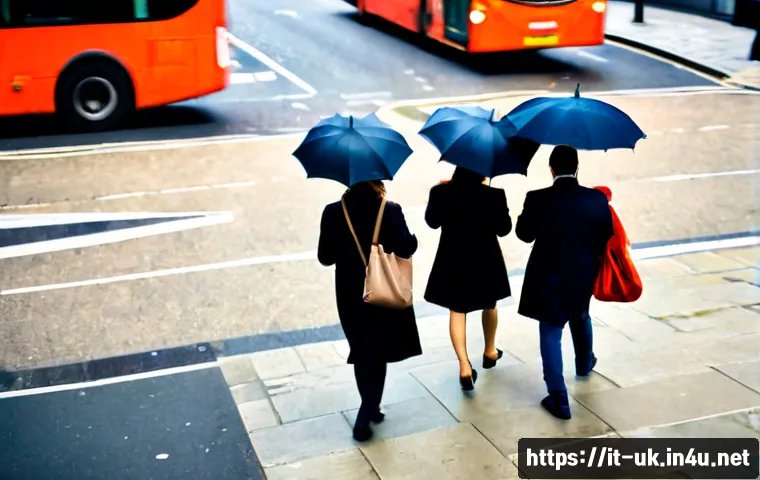 런던 사람들의 출퇴근 패턴 - Photorealistic weekday morning in London, diverse office commuters in smart coats and scarves walkin...